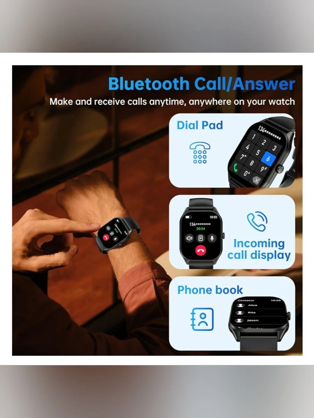 OUKITEL V8 Black Smartwatch 2” Fitness Tracker Bluetooth Calls NWT